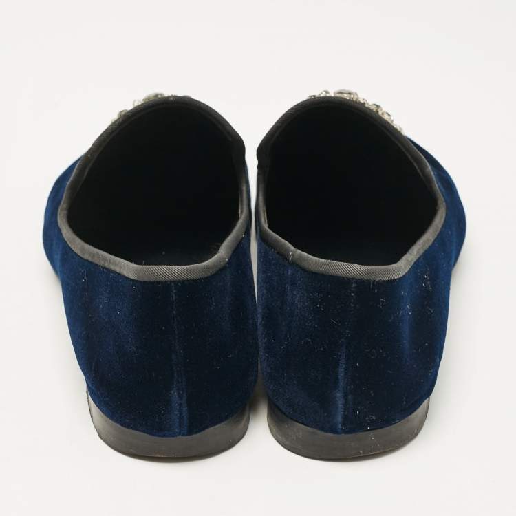 Pre Owned Giuseppe Zanotti Navy Blue Velvet Crystal Embellished Smoking Slippers Size 41