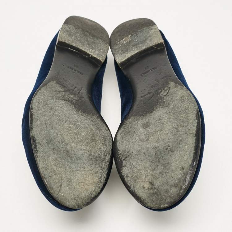 Pre Owned Giuseppe Zanotti Navy Blue Velvet Crystal Embellished Smoking Slippers Size 41