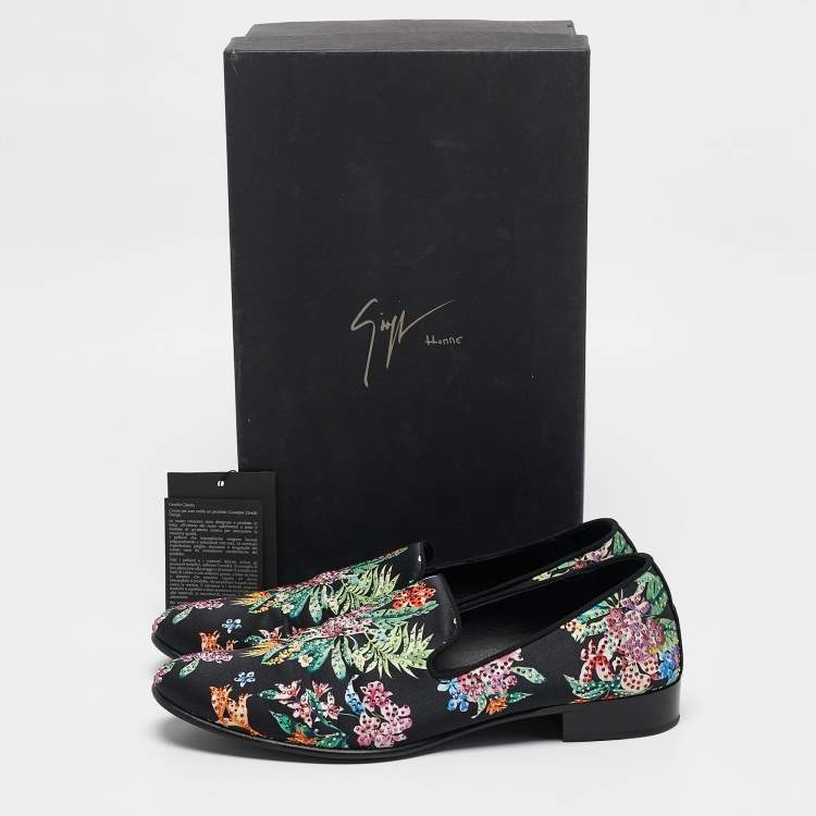 Pre Owned Giuseppe Zanotti Black/Multicolor Floral Print Satin Crystals Smoking Slippers Size 41