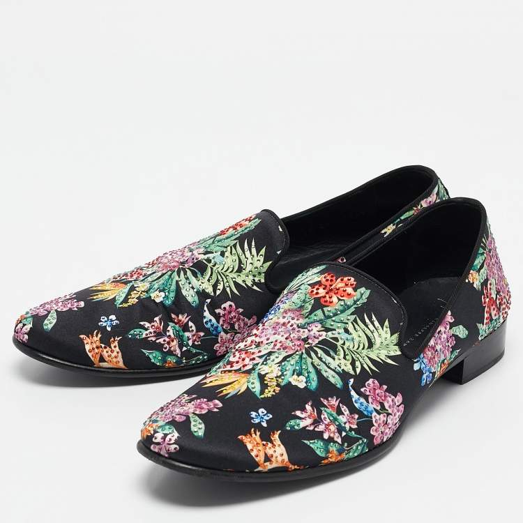 Pre Owned Giuseppe Zanotti Black/Multicolor Floral Print Satin Crystals Smoking Slippers Size 41