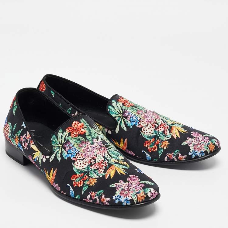 Pre Owned Giuseppe Zanotti Black/Multicolor Floral Print Satin Crystals Smoking Slippers Size 41