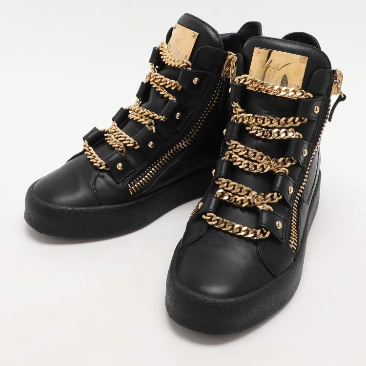 Pre Owned Giuseppe Zanotti Black Leather London Birel Chain Embellished High Top Sneakers Size 41