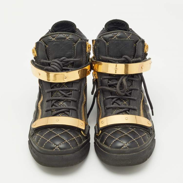 Pre Owned Giuseppe Zanotti Gold/Black  Leather Coby High Top Sneakers Size 39