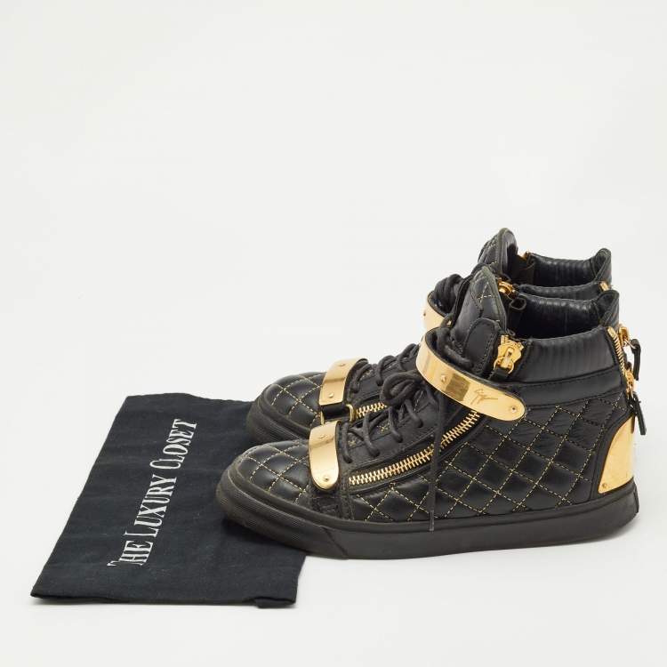 Pre Owned Giuseppe Zanotti Gold/Black  Leather Coby High Top Sneakers Size 39