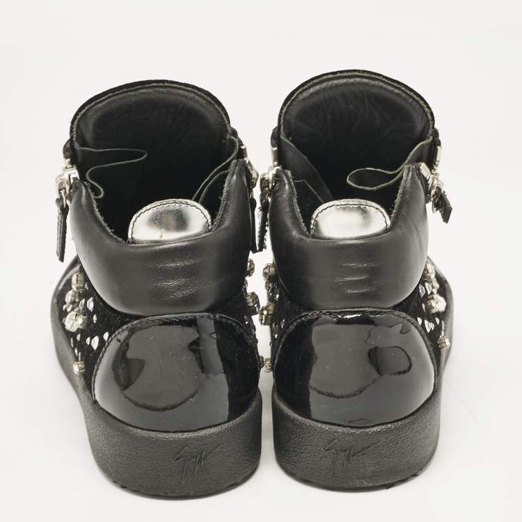 Pre Owned Giuseppe Zanotti Black Leather and Velvet Kriss High Top Sneakers Size 41
