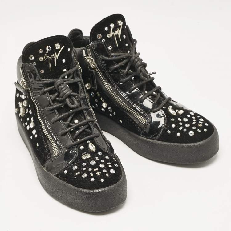 Pre Owned Giuseppe Zanotti Black Leather and Velvet Kriss High Top Sneakers Size 41