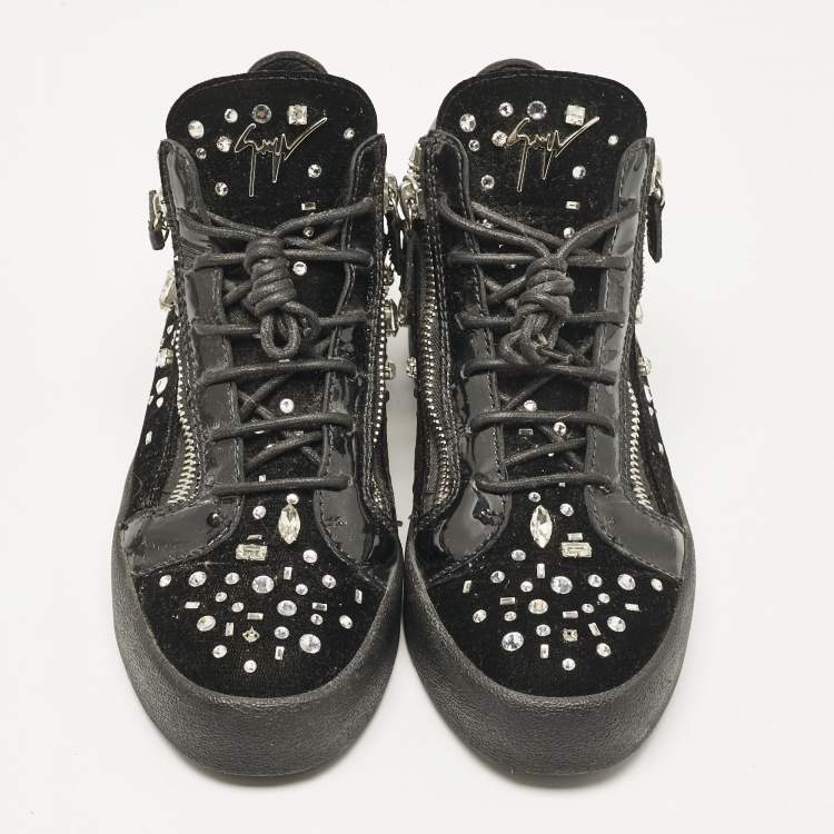 Pre Owned Giuseppe Zanotti Black Leather and Velvet Kriss High Top Sneakers Size 41