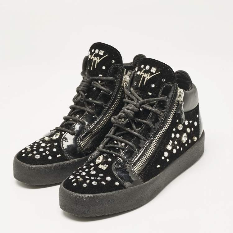 Pre Owned Giuseppe Zanotti Black Leather and Velvet Kriss High Top Sneakers Size 41
