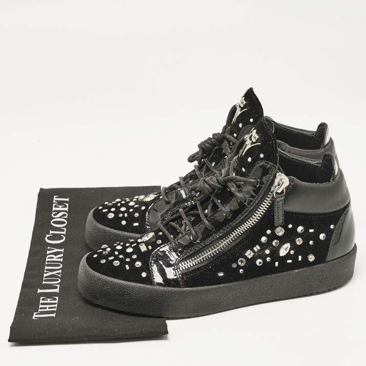 Pre Owned Giuseppe Zanotti Black Leather and Velvet Kriss High Top Sneakers Size 41
