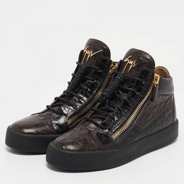 Pre Owned Giuseppe Zanotti Brown Crocodile Leather  Double Zipper High Top Sneakers Size 39     
