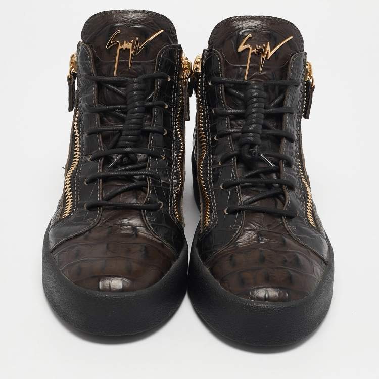 Pre Owned Giuseppe Zanotti Brown Crocodile Leather  Double Zipper High Top Sneakers Size 39     