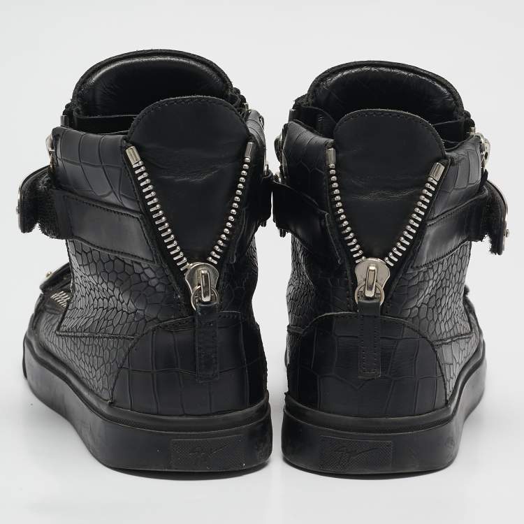 Pre Owned Giuseppe Zanotti Black Croc Embossed Patent Leather Double Zip High Top Sneakers Size 40