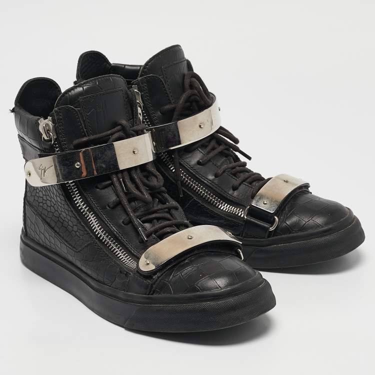 Pre Owned Giuseppe Zanotti Black Croc Embossed Patent Leather Double Zip High Top Sneakers Size 40