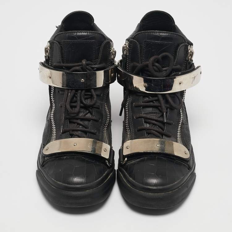 Pre Owned Giuseppe Zanotti Black Croc Embossed Patent Leather Double Zip High Top Sneakers Size 40