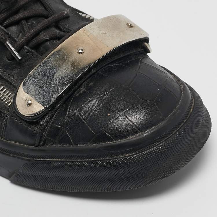 Pre Owned Giuseppe Zanotti Black Croc Embossed Patent Leather Double Zip High Top Sneakers Size 40