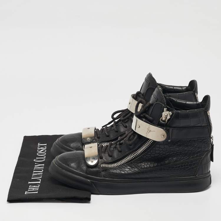 Pre Owned Giuseppe Zanotti Black Croc Embossed Patent Leather Double Zip High Top Sneakers Size 40