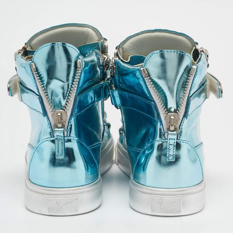 Pre Owned Giuseppe Zanotti Blue Leather Double Zip High Top Sneakers Size 40