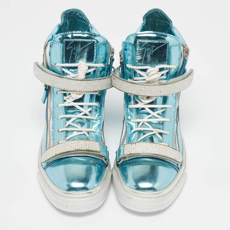 Pre Owned Giuseppe Zanotti Blue Leather Double Zip High Top Sneakers Size 40