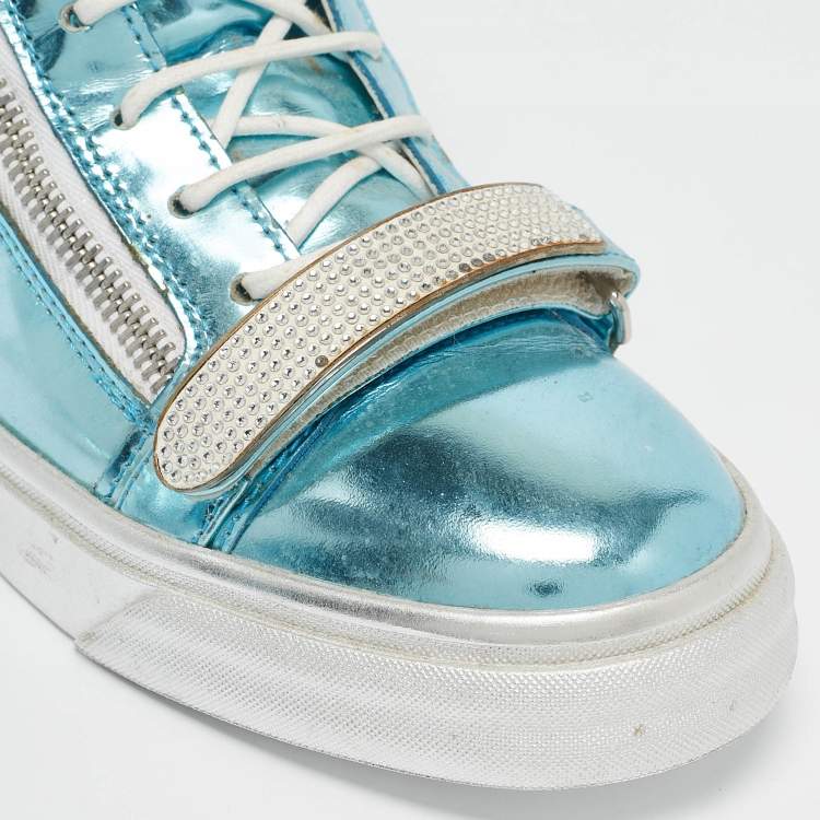Pre Owned Giuseppe Zanotti Blue Leather Double Zip High Top Sneakers Size 40