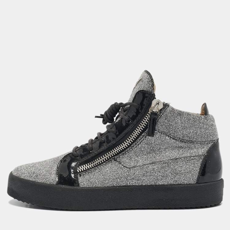 Pre Owned Giuseppe Zanotti Black/Silver Glitter Fabric and  Leather Coby High Top Sneakers Size 40