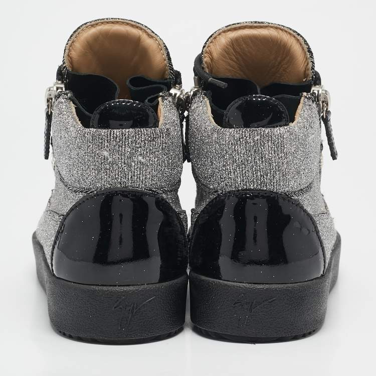 Pre Owned Giuseppe Zanotti Black/Silver Glitter Fabric and  Leather Coby High Top Sneakers Size 40