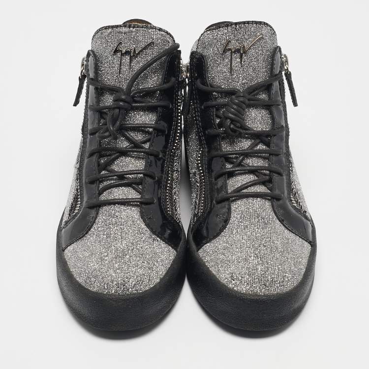 Pre Owned Giuseppe Zanotti Black/Silver Glitter Fabric and  Leather Coby High Top Sneakers Size 40