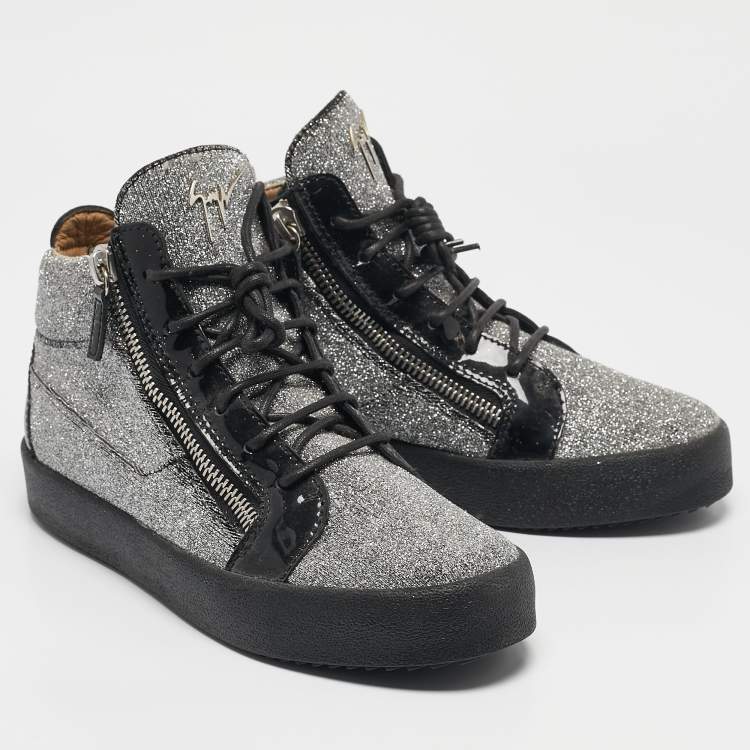 Pre Owned Giuseppe Zanotti Black/Silver Glitter Fabric and  Leather Coby High Top Sneakers Size 40