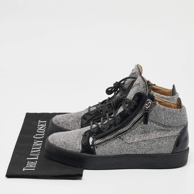 Pre Owned Giuseppe Zanotti Black/Silver Glitter Fabric and  Leather Coby High Top Sneakers Size 40
