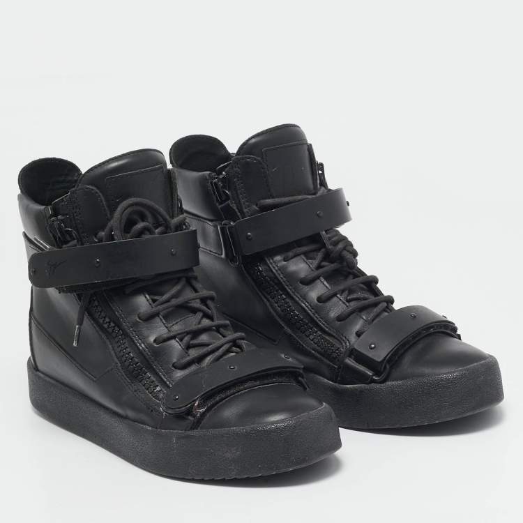 Pre Owned Giuseppe Zanotti Black Leather Double Zip High Top Sneakers Size 39