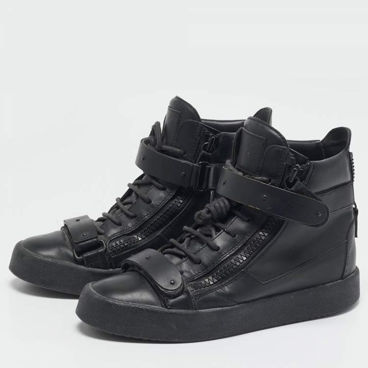 Pre Owned Giuseppe Zanotti Black Leather Double Zip High Top Sneakers Size 39