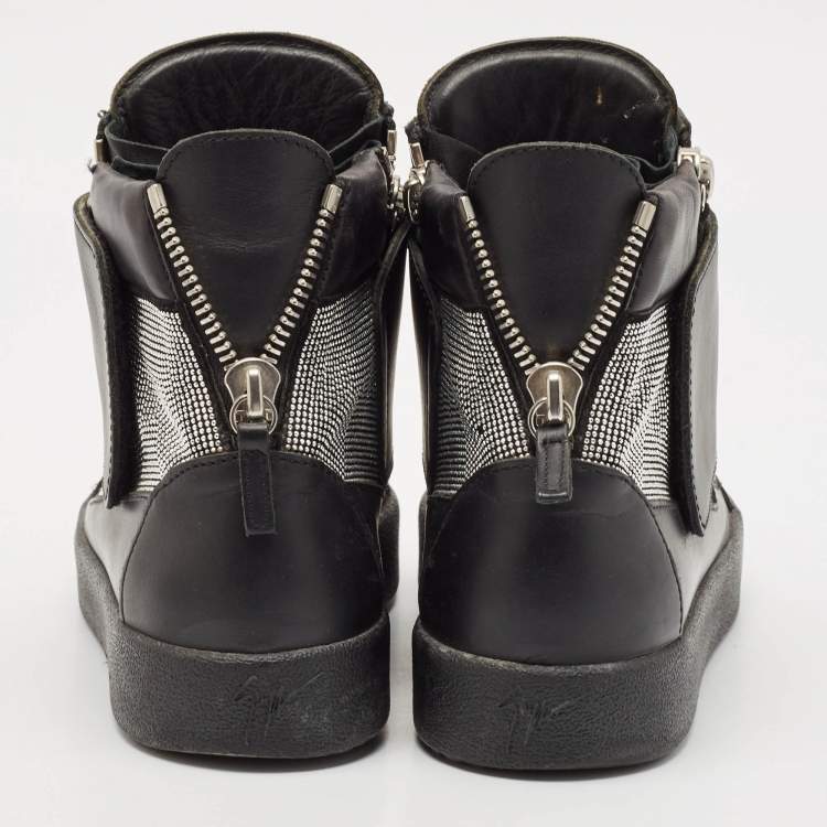 Pre Owned Giuseppe Zanotti Black/Silver Leather Double Zip High Top Sneakers Size 40