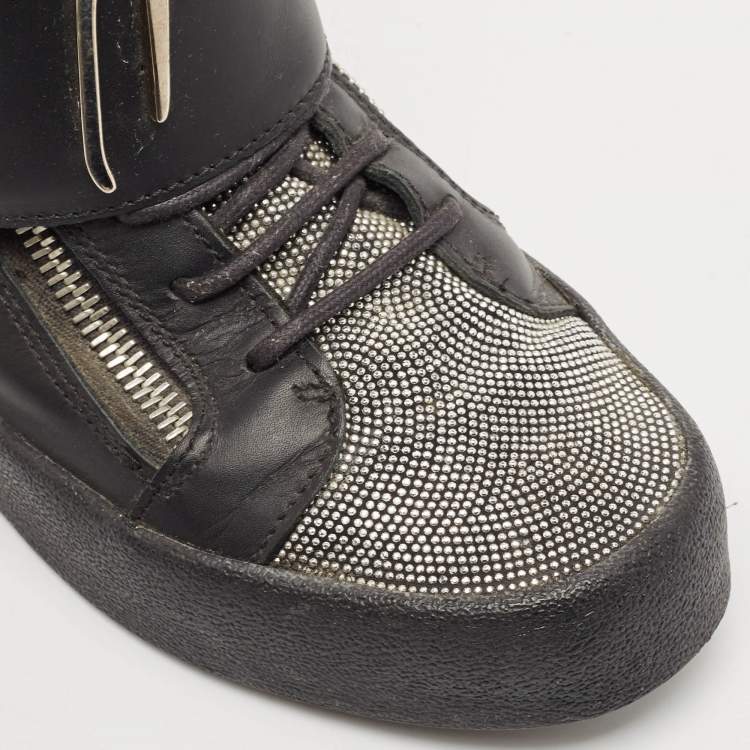 Pre Owned Giuseppe Zanotti Black/Silver Leather Double Zip High Top Sneakers Size 40