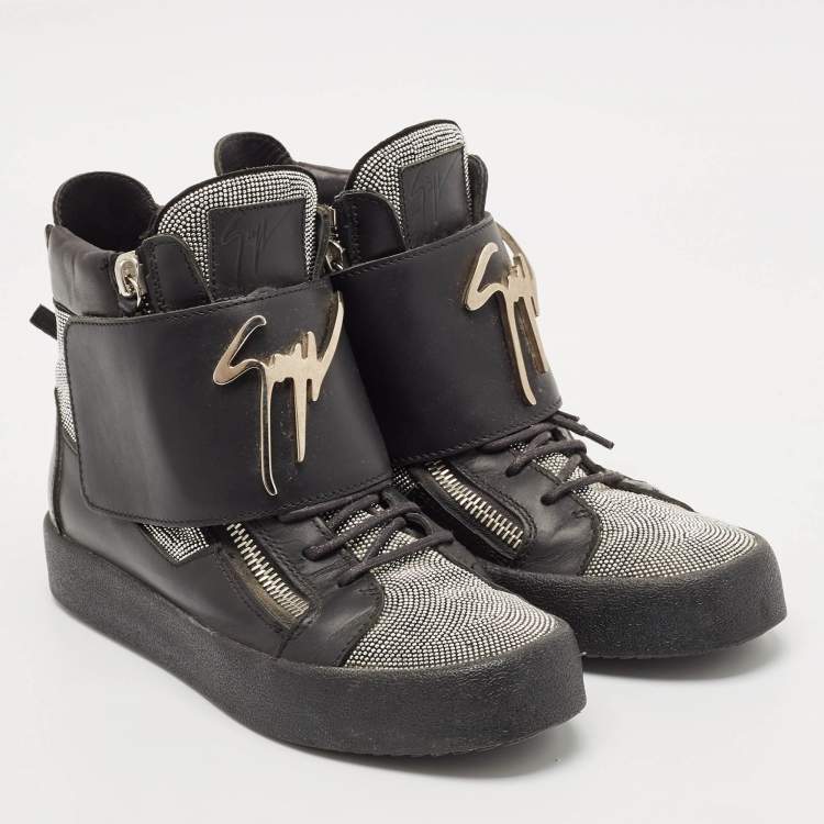 Pre Owned Giuseppe Zanotti Black/Silver Leather Double Zip High Top Sneakers Size 40