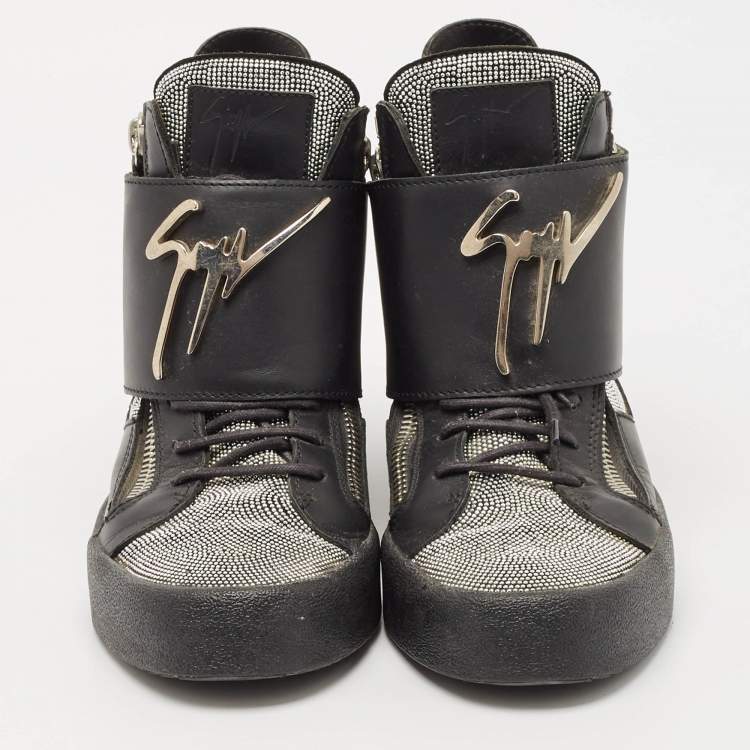 Pre Owned Giuseppe Zanotti Black/Silver Leather Double Zip High Top Sneakers Size 40