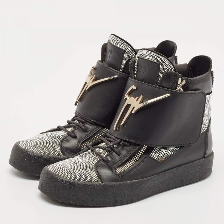 Pre Owned Giuseppe Zanotti Black/Silver Leather Double Zip High Top Sneakers Size 40