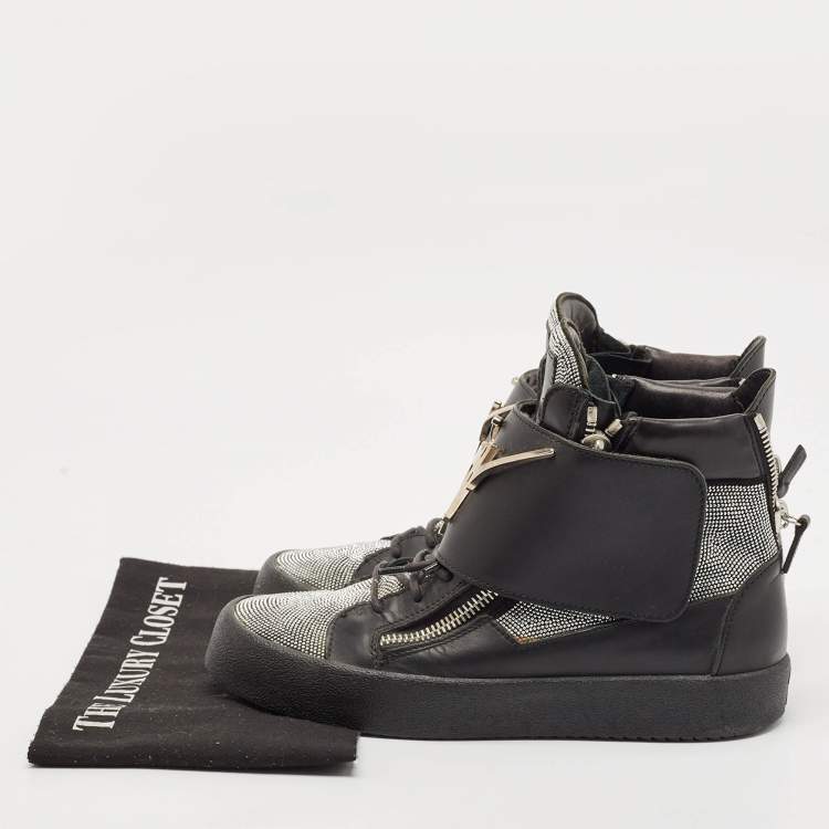 Pre Owned Giuseppe Zanotti Black/Silver Leather Double Zip High Top Sneakers Size 40