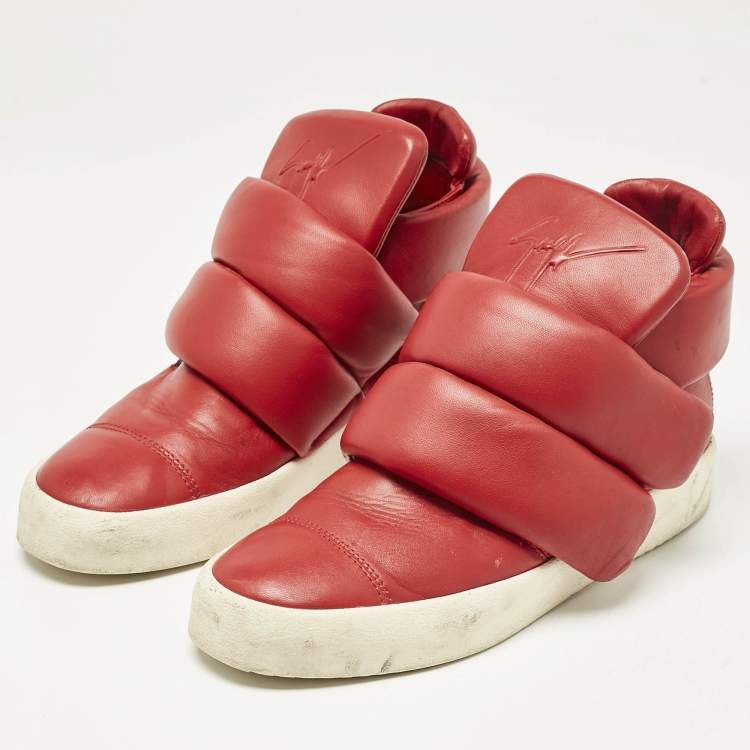 Pre Owned Giuseppe Zanotti Red Leather Double Velcro Strap High Top Sneakers Size 44