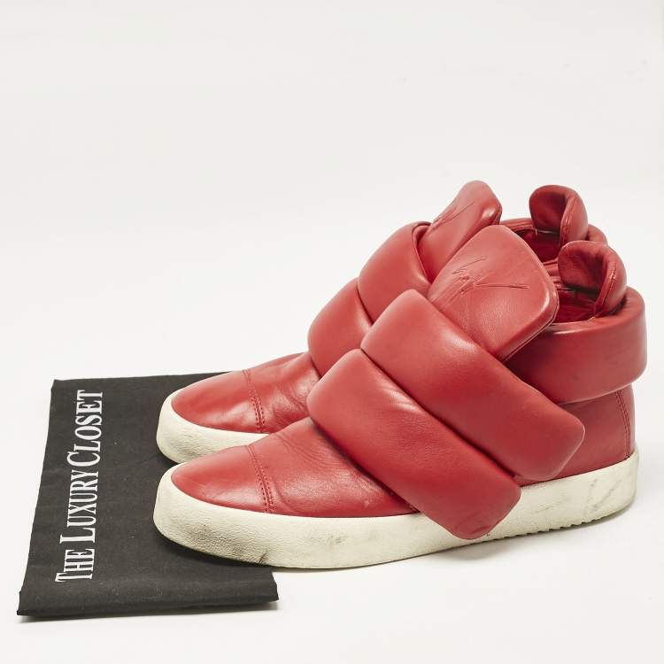 Pre Owned Giuseppe Zanotti Red Leather Double Velcro Strap High Top Sneakers Size 44