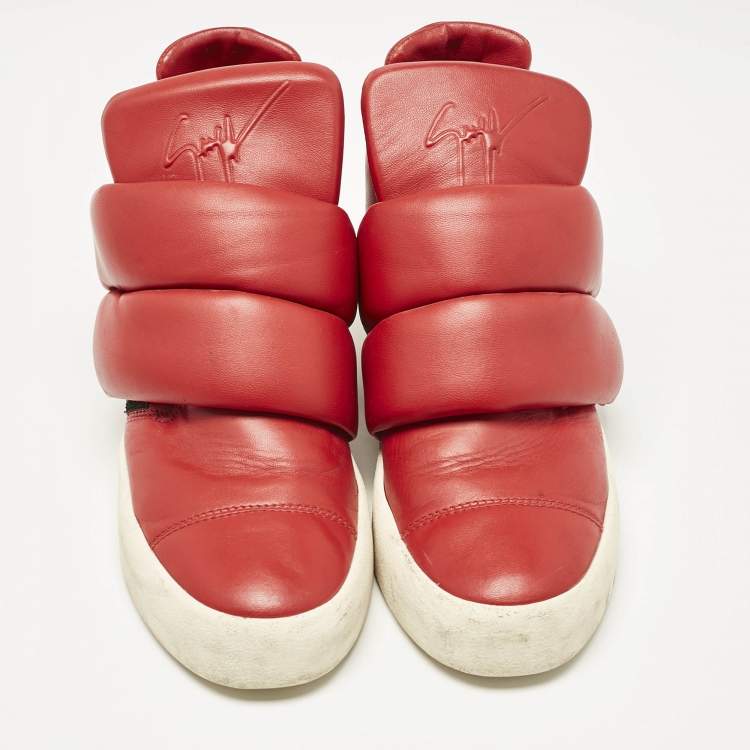 Pre Owned Giuseppe Zanotti Red Leather Double Velcro Strap High Top Sneakers Size 44