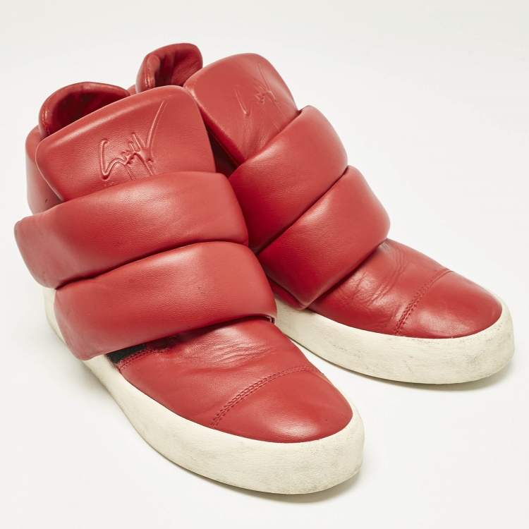 Pre Owned Giuseppe Zanotti Red Leather Double Velcro Strap High Top Sneakers Size 44