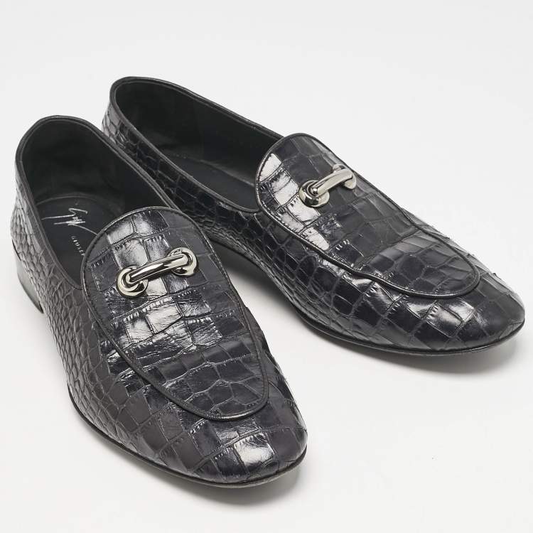Pre Owned Giuseppe Zanotti Black Croc Embossed Leather Slip On Loafers Size 41