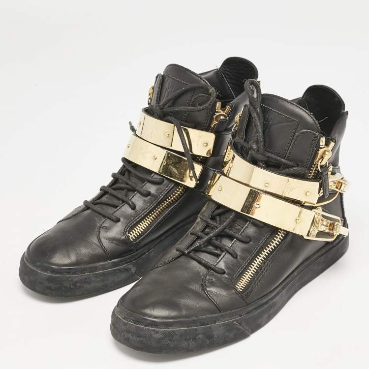 Pre Owned Giuseppe Zanotti Black Leather Double Metal Strap High-Top Sneakers Size 40 