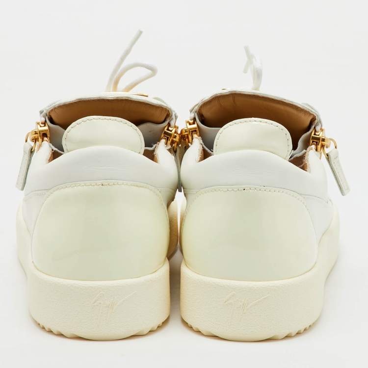 Pre Owned Giuseppe Zanotti White Leather and Patent Leather Double Zip Low Top Sneakers Size 44