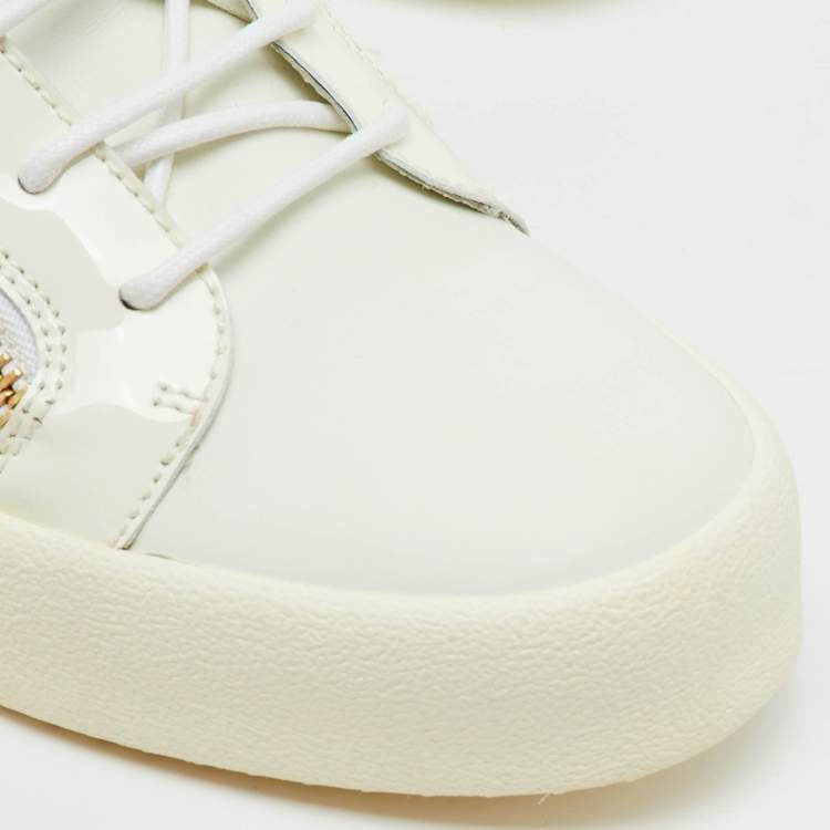 Pre Owned Giuseppe Zanotti White Leather and Patent Leather Double Zip Low Top Sneakers Size 44