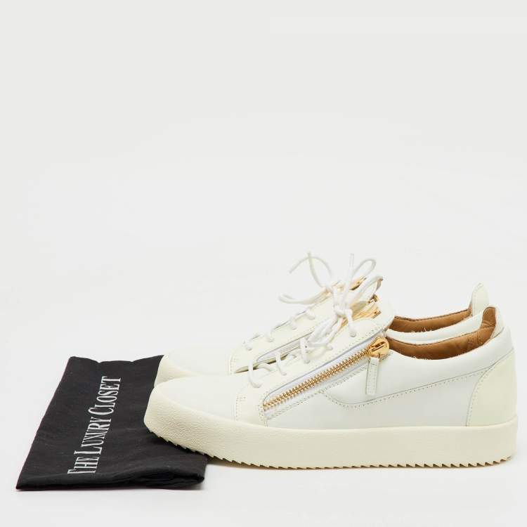 Pre Owned Giuseppe Zanotti White Leather and Patent Leather Double Zip Low Top Sneakers Size 44