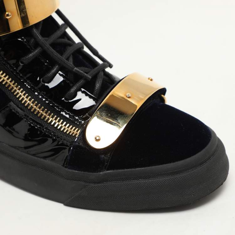 Pre Owned Giuseppe Zanotti Navy Blue/Black Velvet And Patent Leather Coby High Top Sneakers Size 41