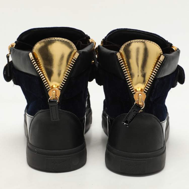 Pre Owned Giuseppe Zanotti Navy Blue/Black Velvet And Patent Leather Coby High Top Sneakers Size 41