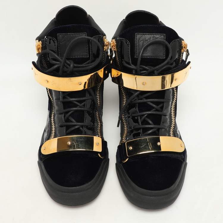 Pre Owned Giuseppe Zanotti Navy Blue/Black Velvet And Patent Leather Coby High Top Sneakers Size 41