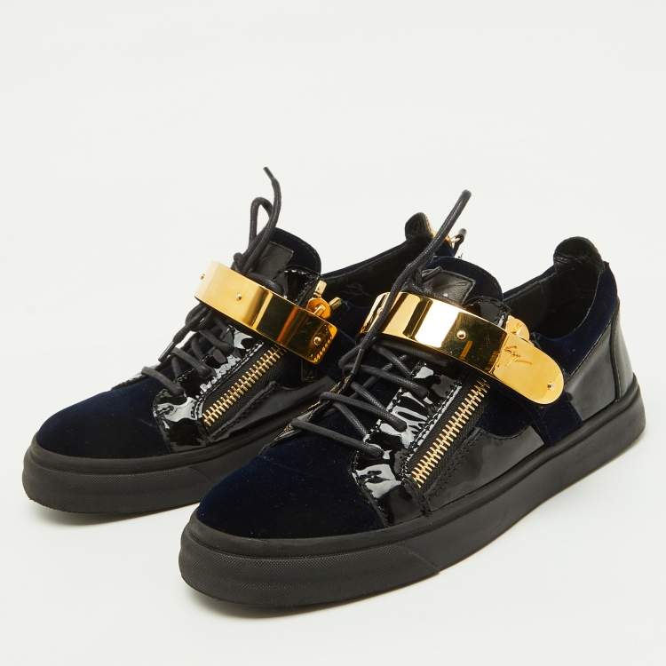 Pre Owned Giuseppe Zanotti Navy Blue/Black Velvet and Patent Leather Double Zip Low Sneakers Size 41