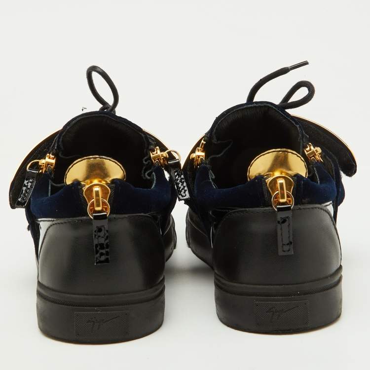 Pre Owned Giuseppe Zanotti Navy Blue/Black Velvet and Patent Leather Double Zip Low Sneakers Size 41